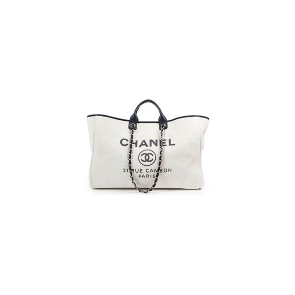 Ch*el woven straw raffia striped medium deauville tote